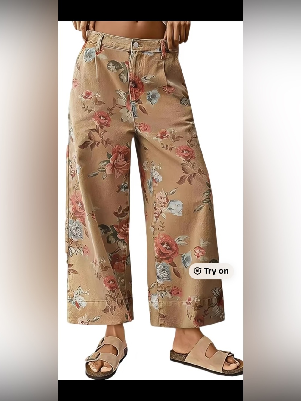 NWT size XXL Viral Chouyatou Tan and Pink Floral Denim Wide Leg Trousers